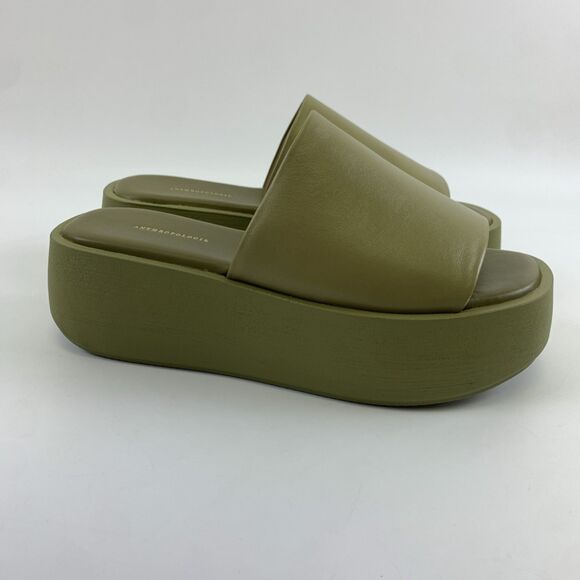 Anthropologie Leather High Platform Wedge Sandal Green Slip On Womens 38 US 7.5 - Picture 2 of 15